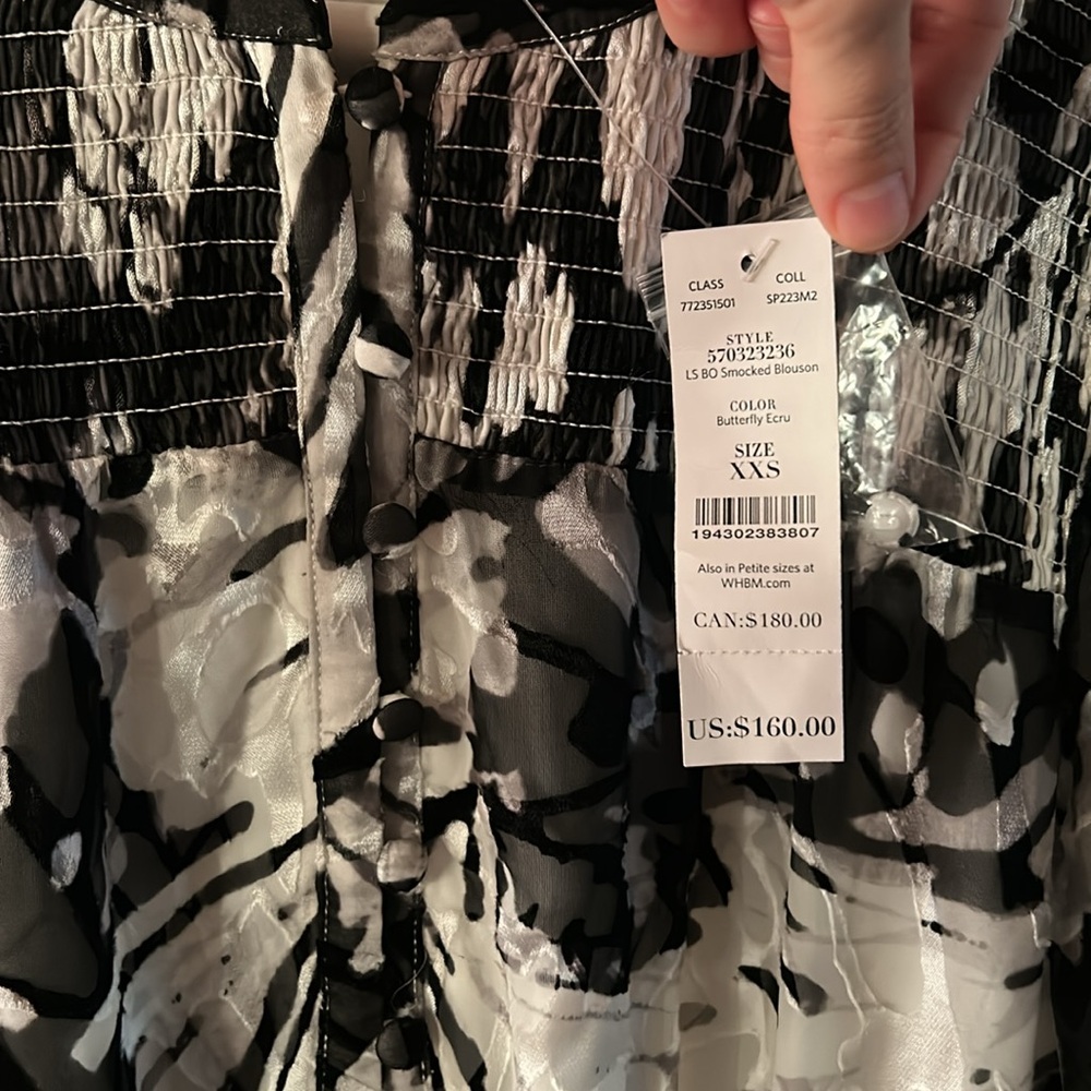 WHITE HOUSE BLACK MARKET Long Sleeve Smocked Blouson Black & White Dress XXS NWT - Picture 5 of 9